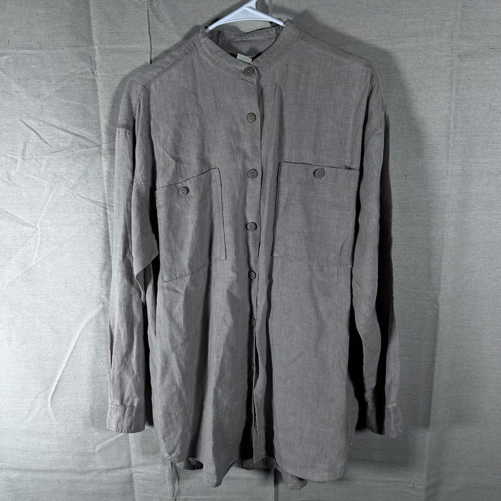Eddie Bauer Womens Small Linen Mandarin Collar Button Up Shirt Beige Long Sleeve